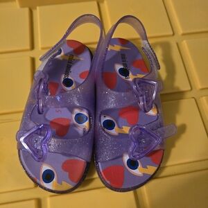 Mini Melissa Purple Glitter Kids Sandals with Heart and Eye Design
